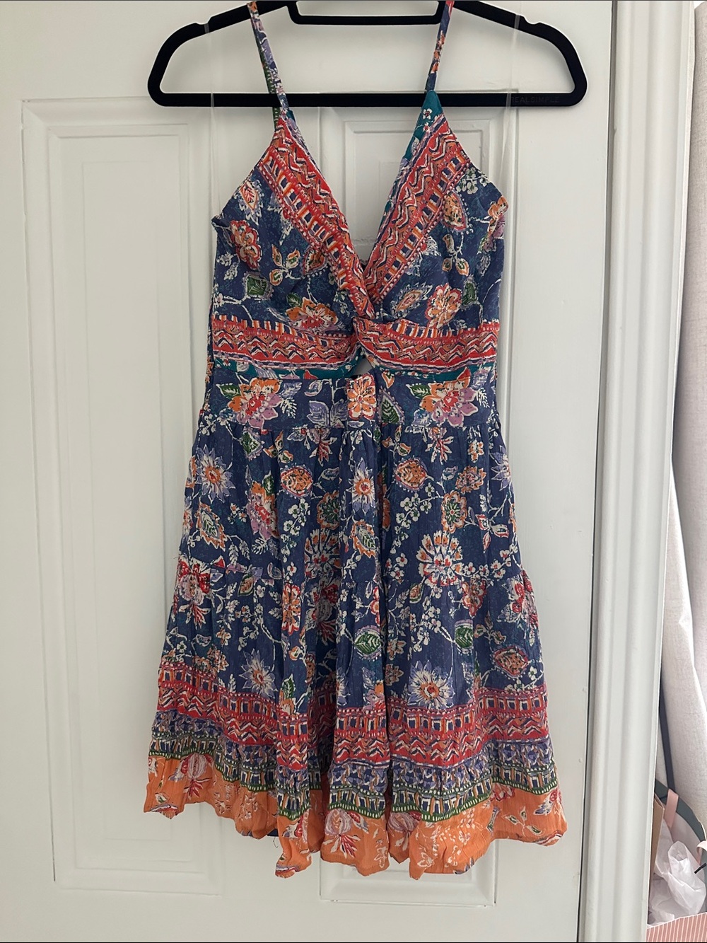 Angie twist-front keyhole tiered mini dress